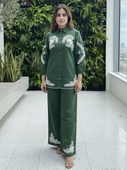 VERDANT EDIT- OLIVE GREEN EMBROIDERED COORD SET