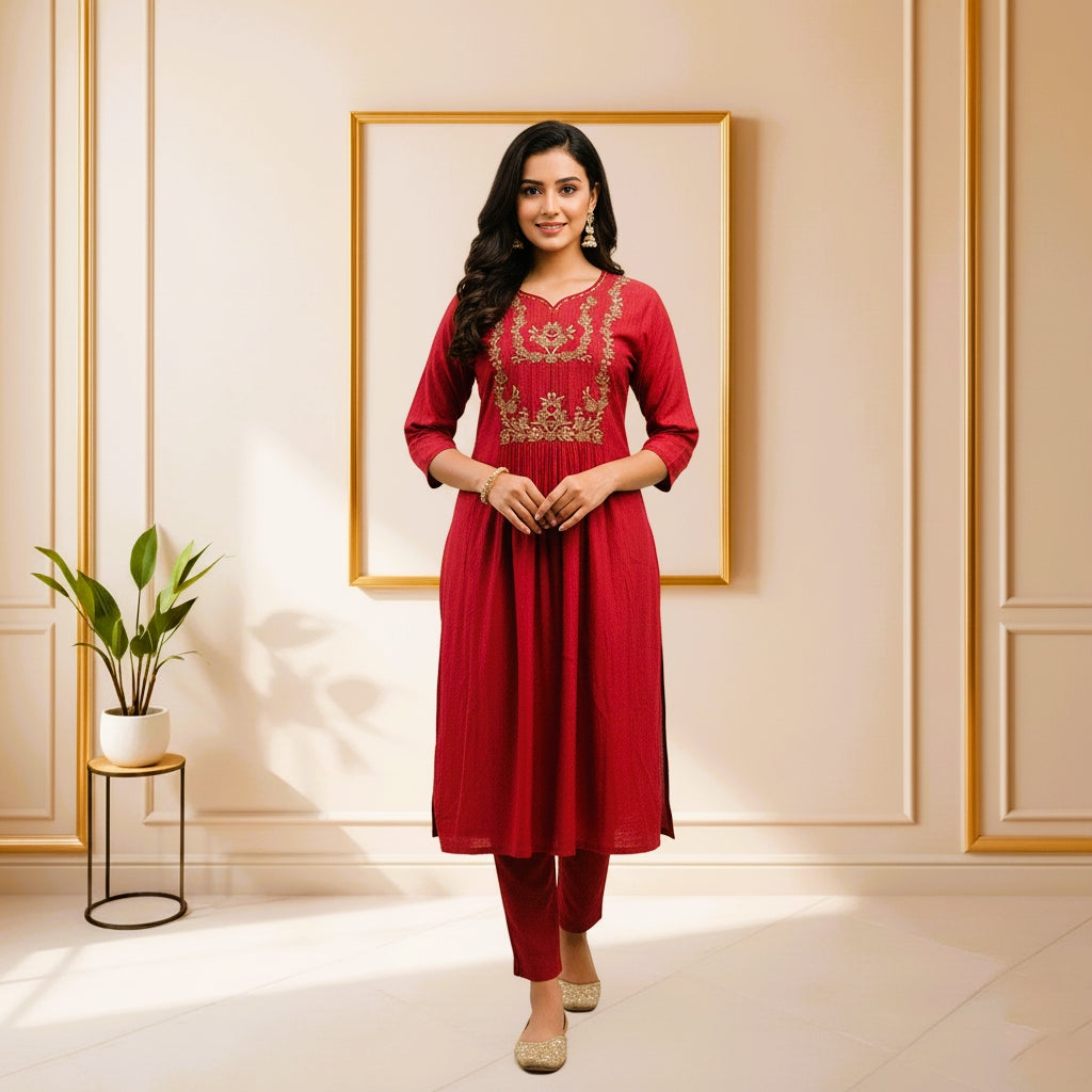 RED ZARI COTTON CHANDERI 2 PC SET