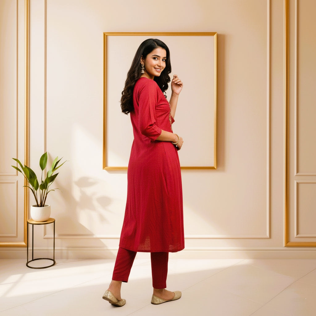 RED ZARI COTTON CHANDERI 2 PC SET