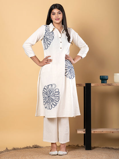 WHITE COORDS SET WITH ELEGANT BULE EMBROIDERY