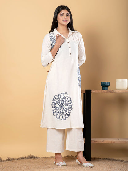 WHITE COORDS SET WITH ELEGANT BULE EMBROIDERY