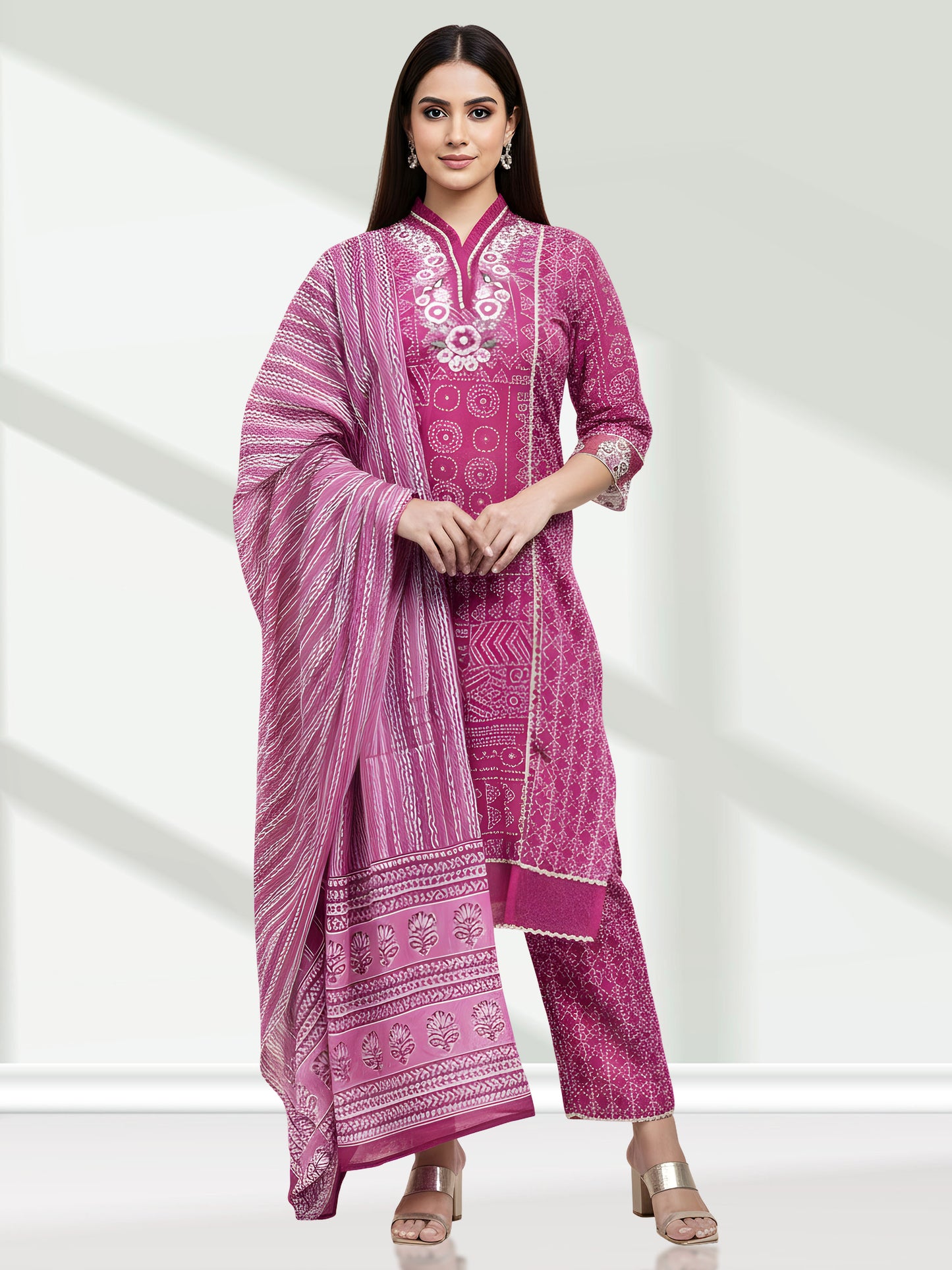 PINK BANDHEJ KURTA SET