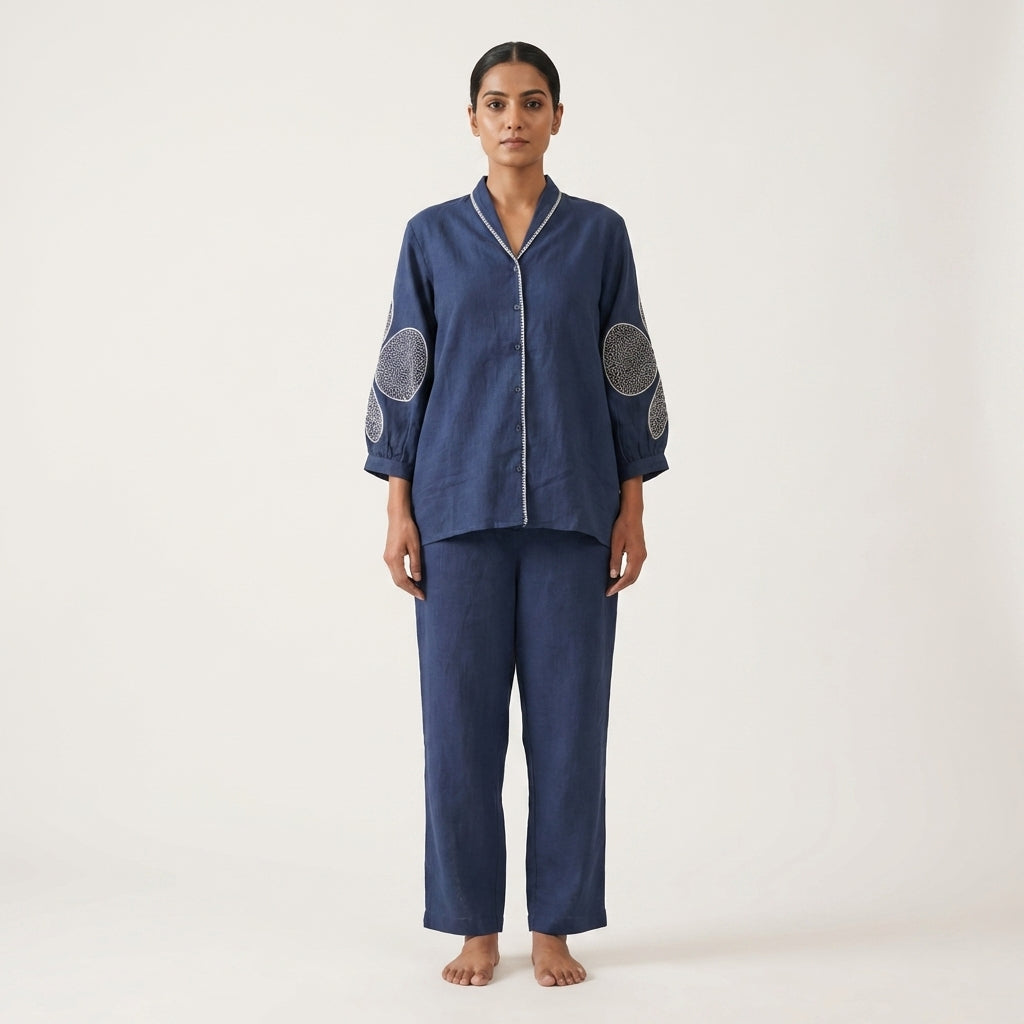 Blue Floral Embroidered Sleeve Cotton Co-ord Set - Ruak Edit