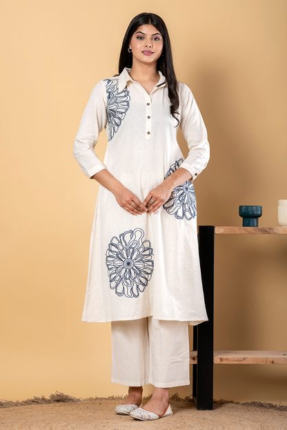 WHITE COORDS SET WITH ELEGANT BULE EMBROIDERY